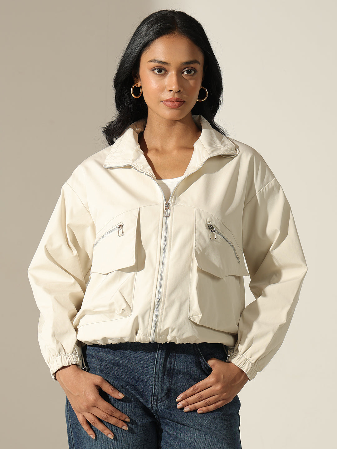 Women's Cream Zip Up Front Bomber Jacket with Utility Pockets
