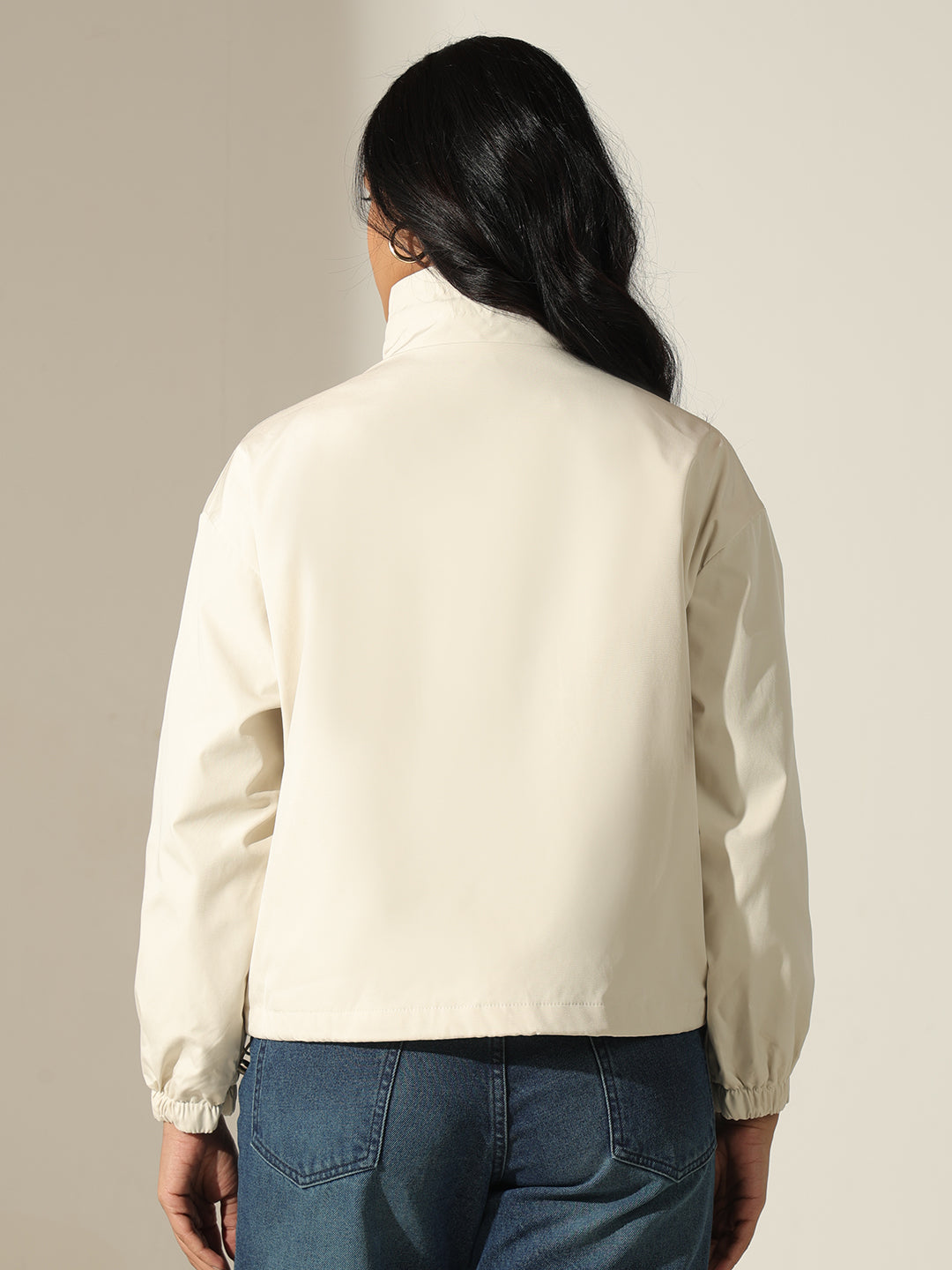 Women's Cream Zip Up Front Bomber Jacket with Utility Pockets