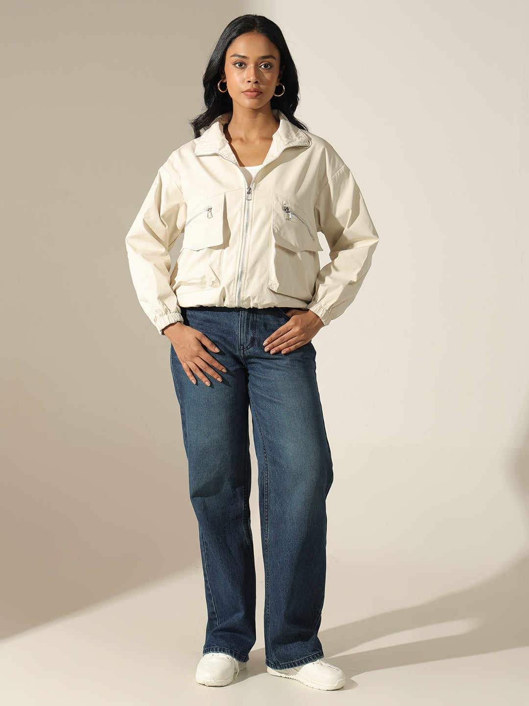 Women's Cream Zip Up Front Bomber Jacket with Utility Pockets