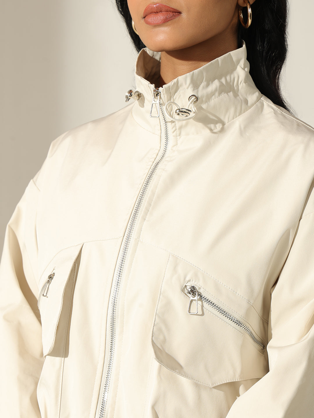 Women's Cream Zip Up Front Bomber Jacket with Utility Pockets