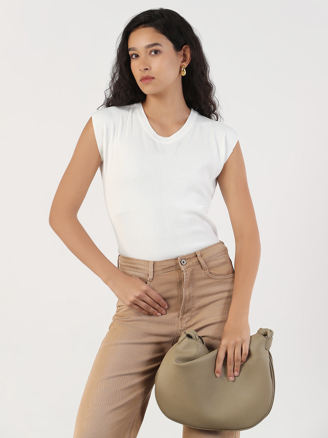 Women Casual Solid Round Neck White Top