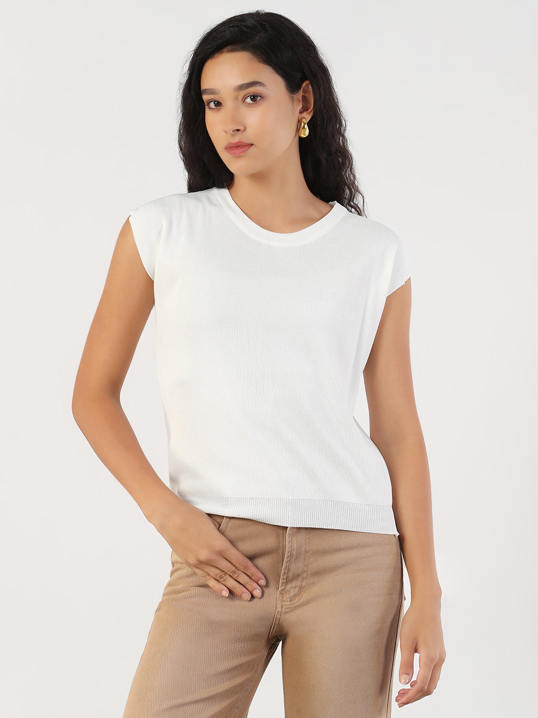 Women Casual Solid Round Neck White Top