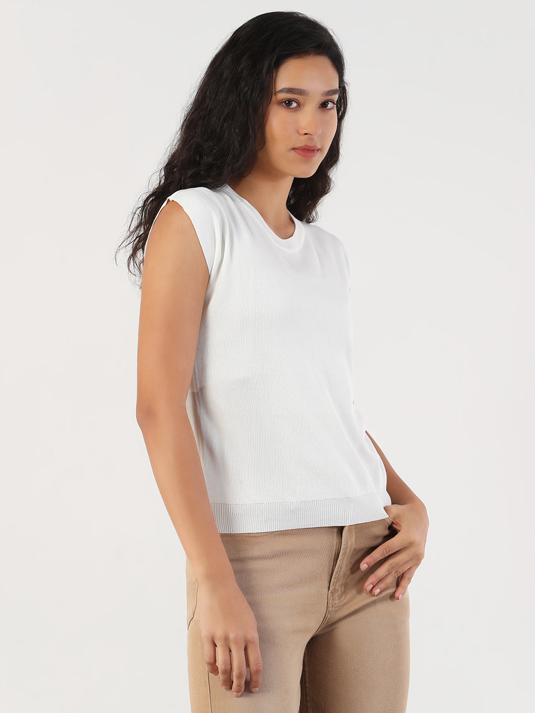 Women Casual Solid Round Neck White Top