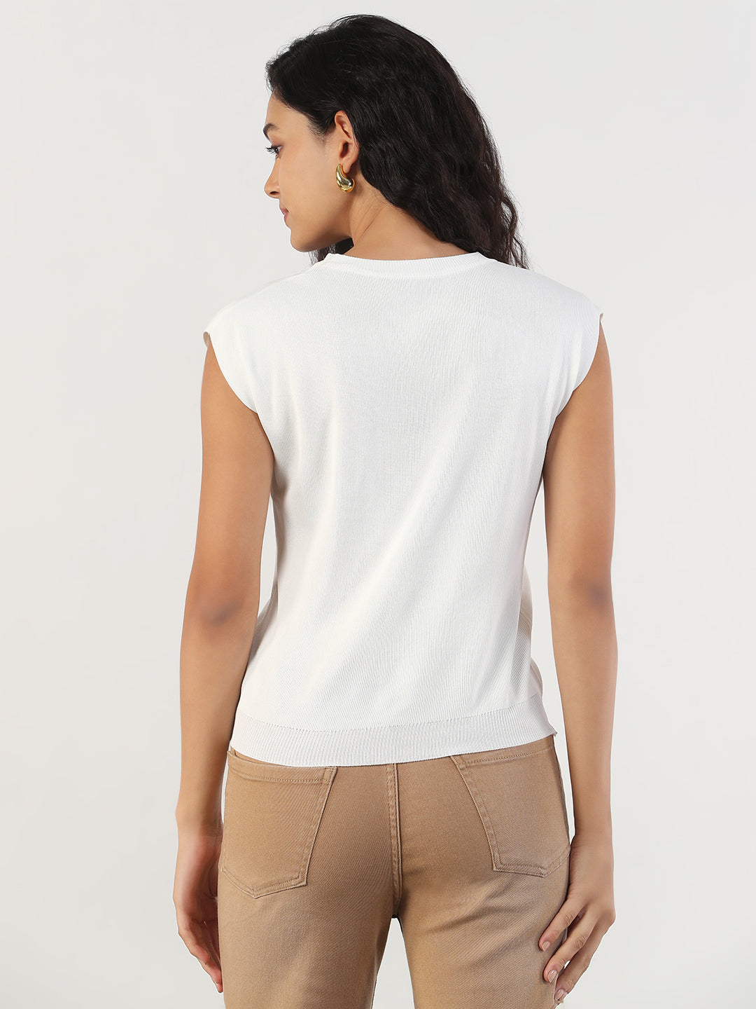 Women Casual Solid Round Neck White Top