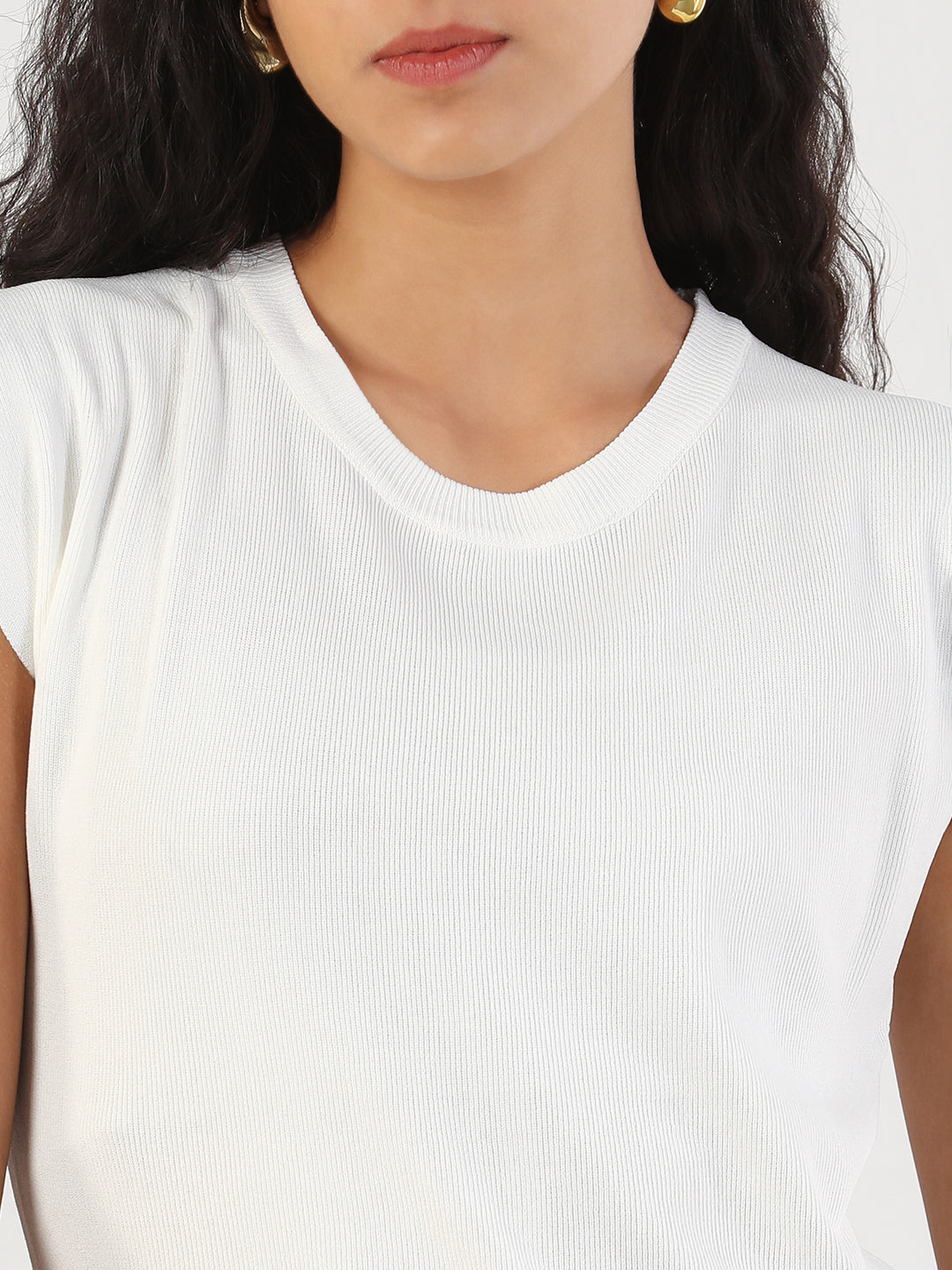 Women Casual Solid Round Neck White Top