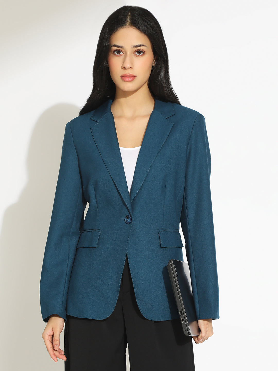 Women's Teal Single-Breasted Blazer with Notch Lapel