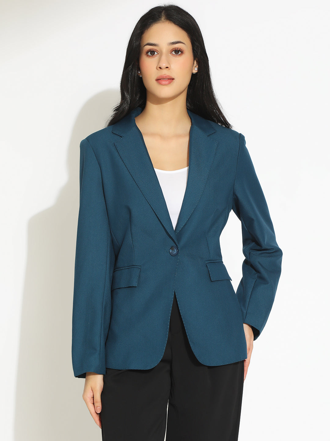 Women's Teal Single-Breasted Blazer with Notch Lapel
