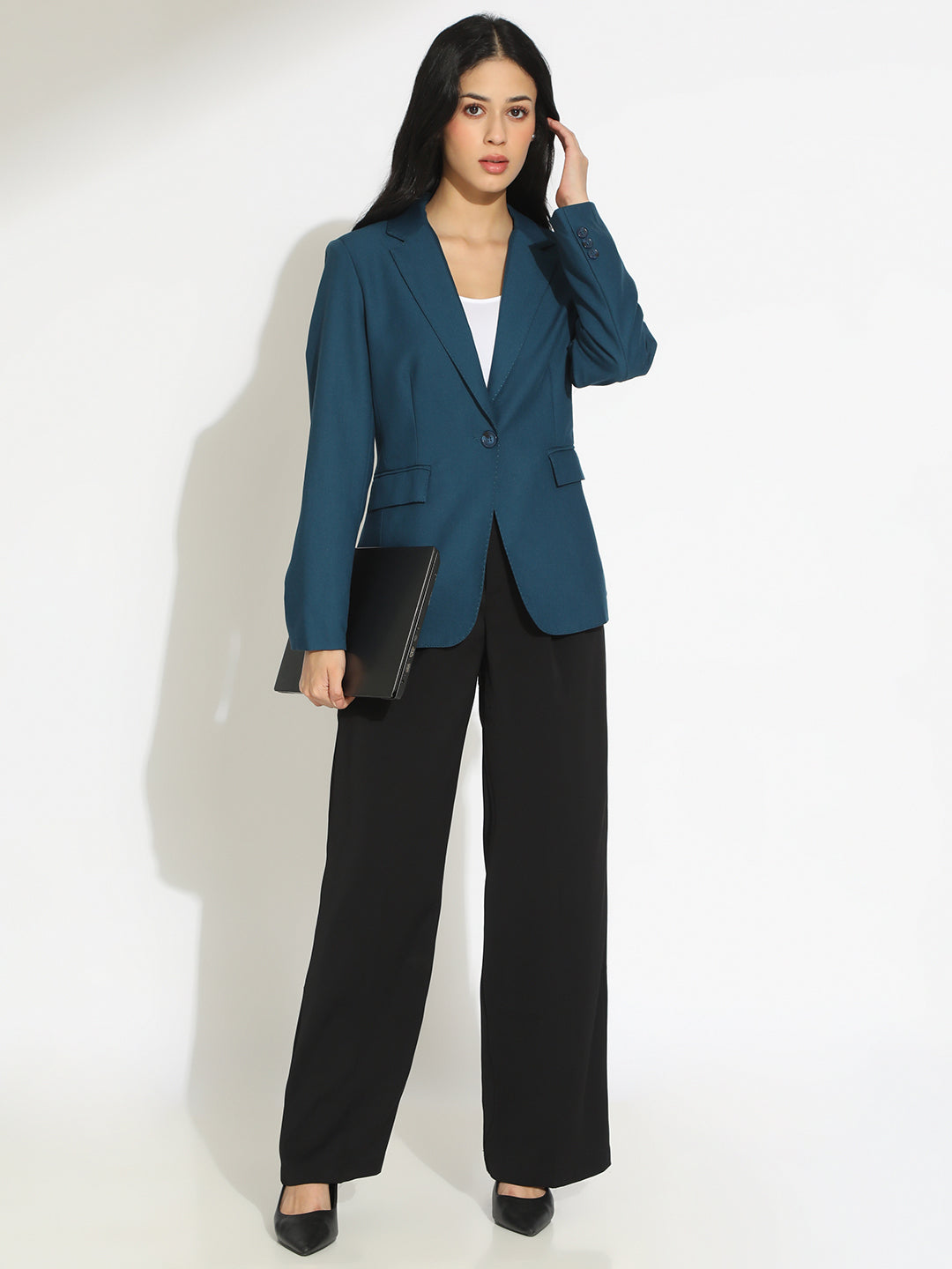 Women's Teal Single-Breasted Blazer with Notch Lapel