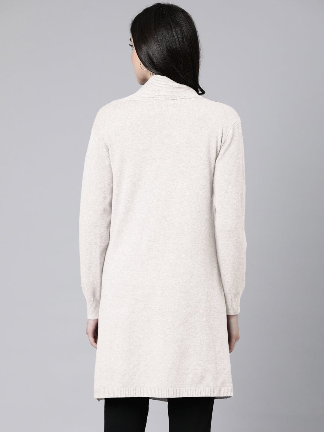 Women's Ribbed Cream Long Shrug with Patch Pockets