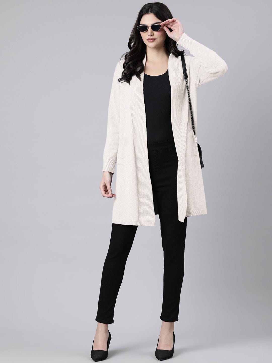 Women's Ribbed Cream Long Shrug with Patch Pockets