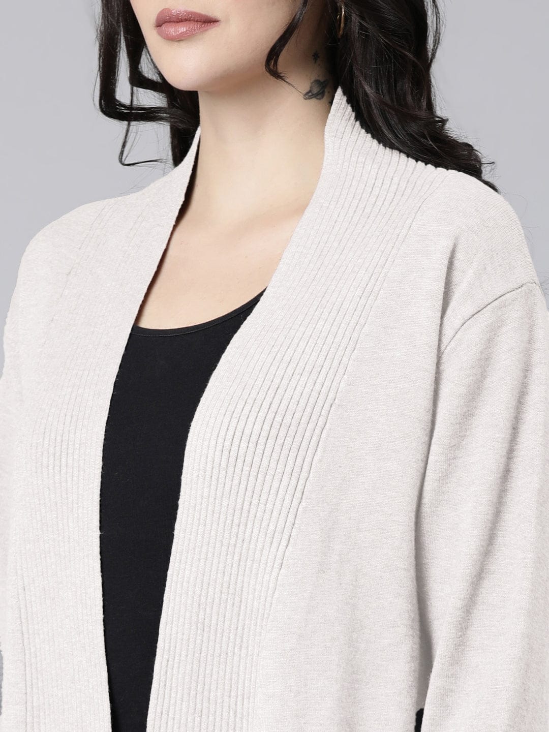 Women's Ribbed Cream Long Shrug with Patch Pockets