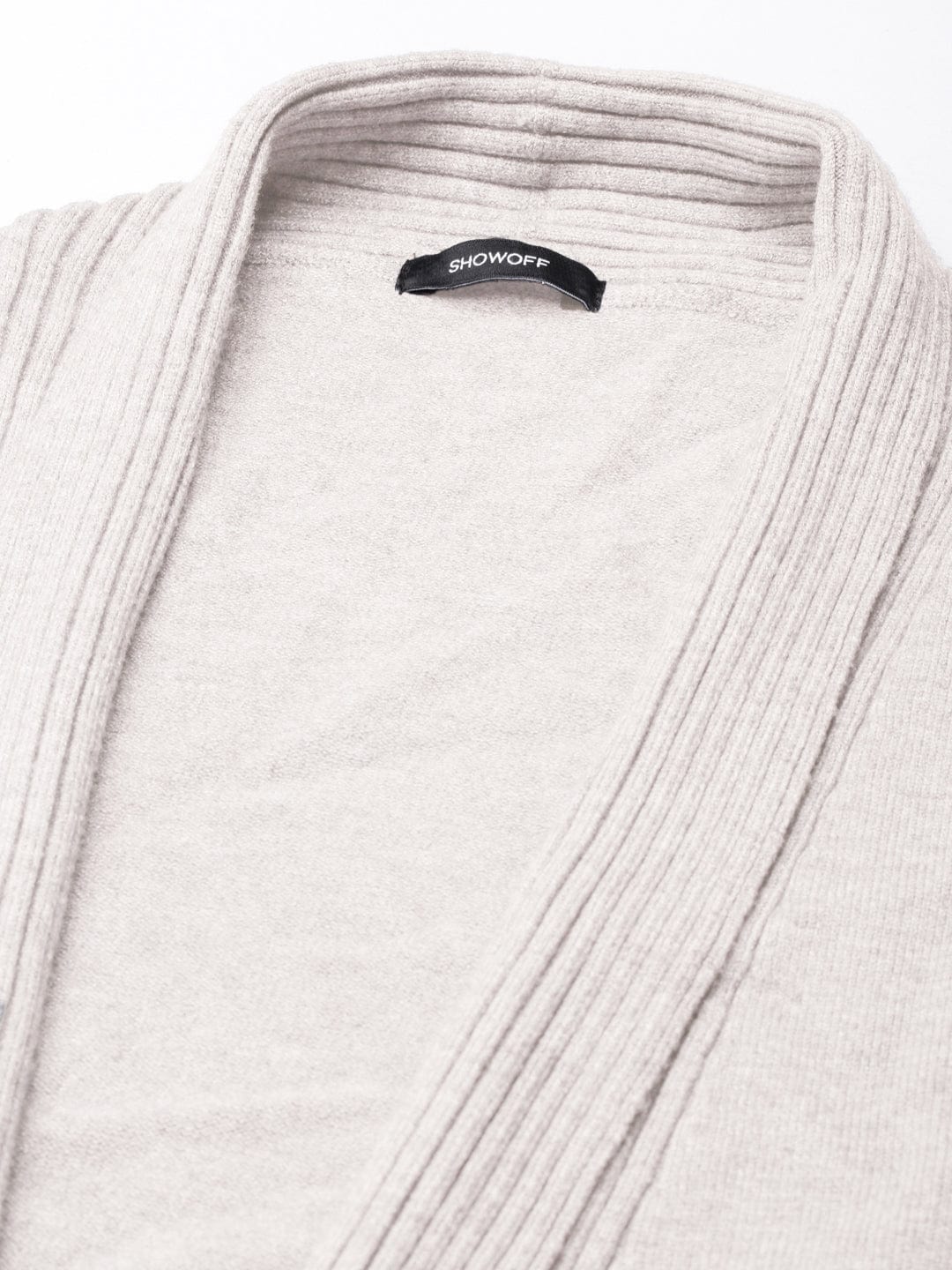 Women's Ribbed Cream Long Shrug with Patch Pockets