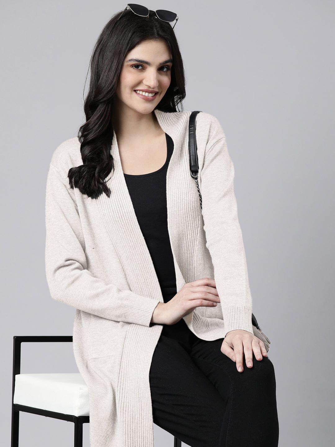 Women's Ribbed Cream Long Shrug with Patch Pockets