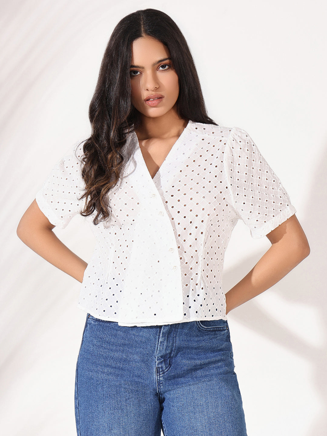 Women Off White Solid Crochet Top