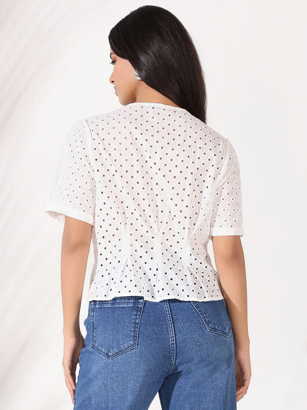 Women Off White Solid Crochet Top