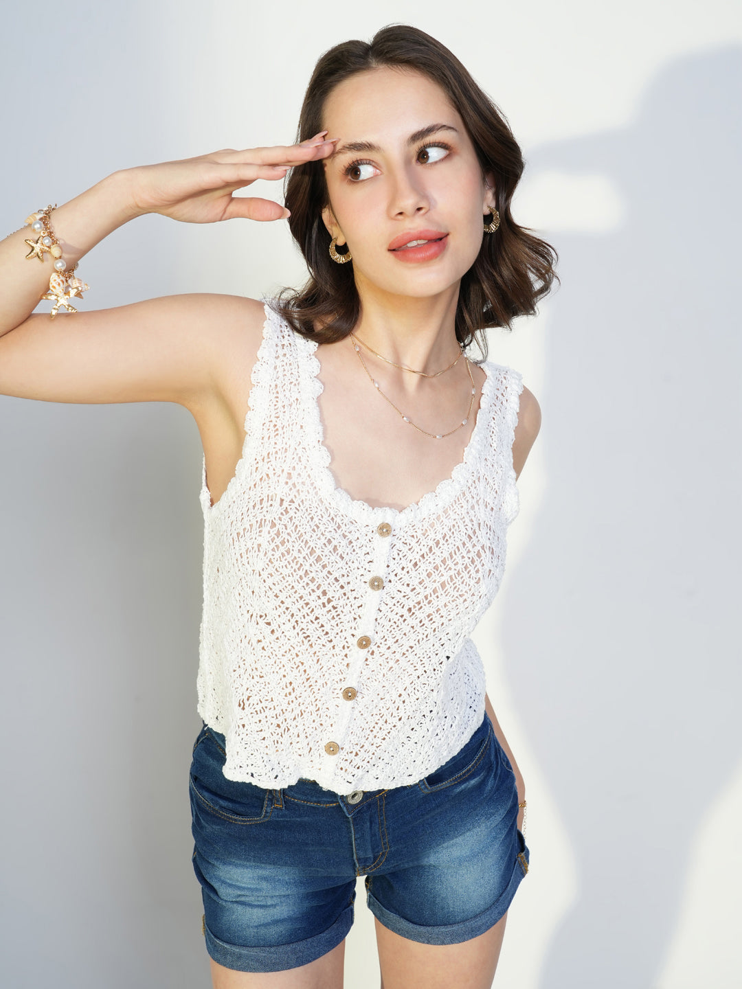 Women White Solid Crochet Crop Top