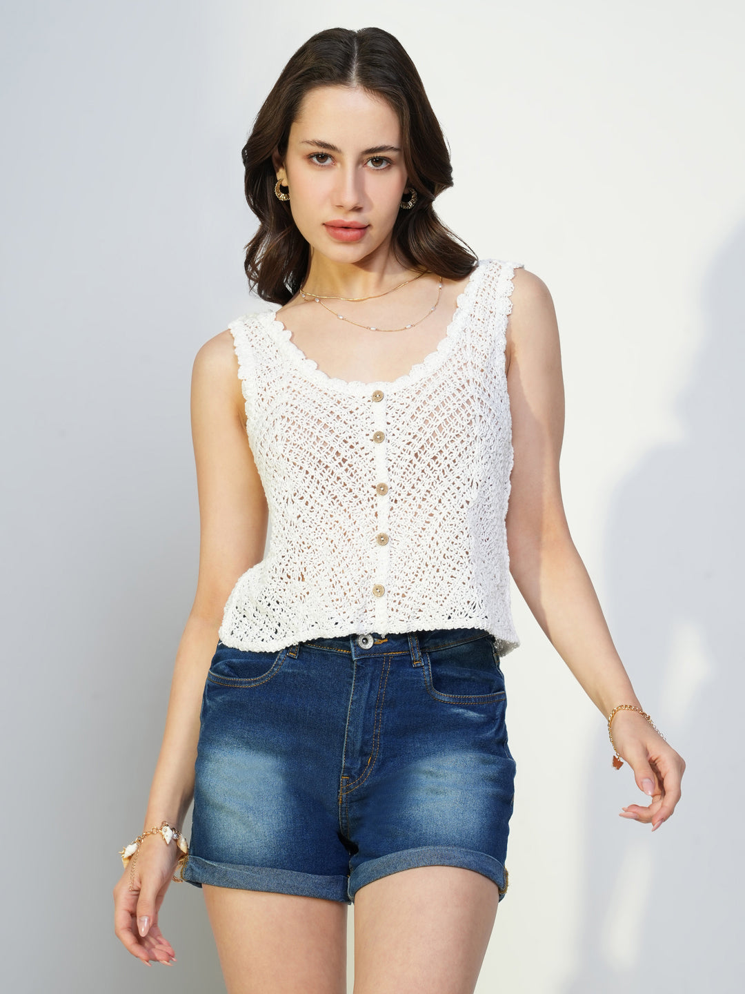 Women White Solid Crochet Crop Top