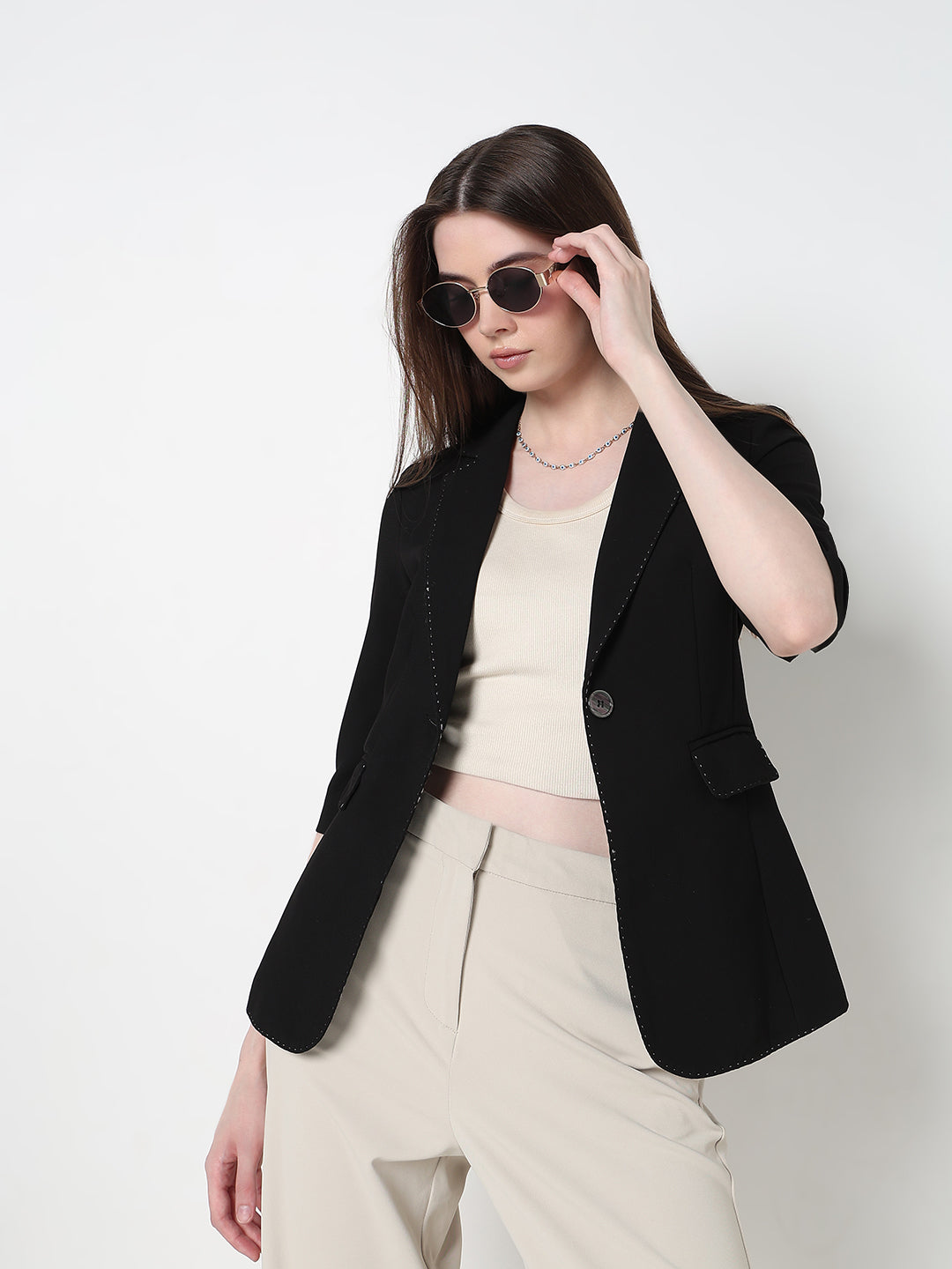 Women's Black Single Breasted Blazer with stitch detail
