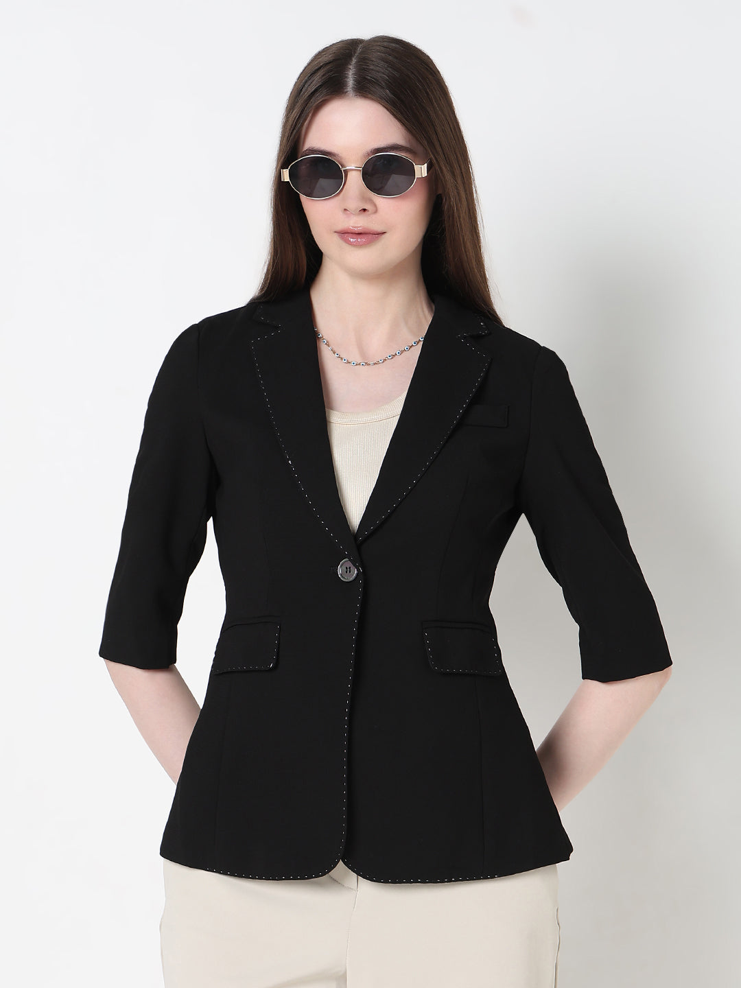 Women's Black Single Breasted Blazer with stitch detail