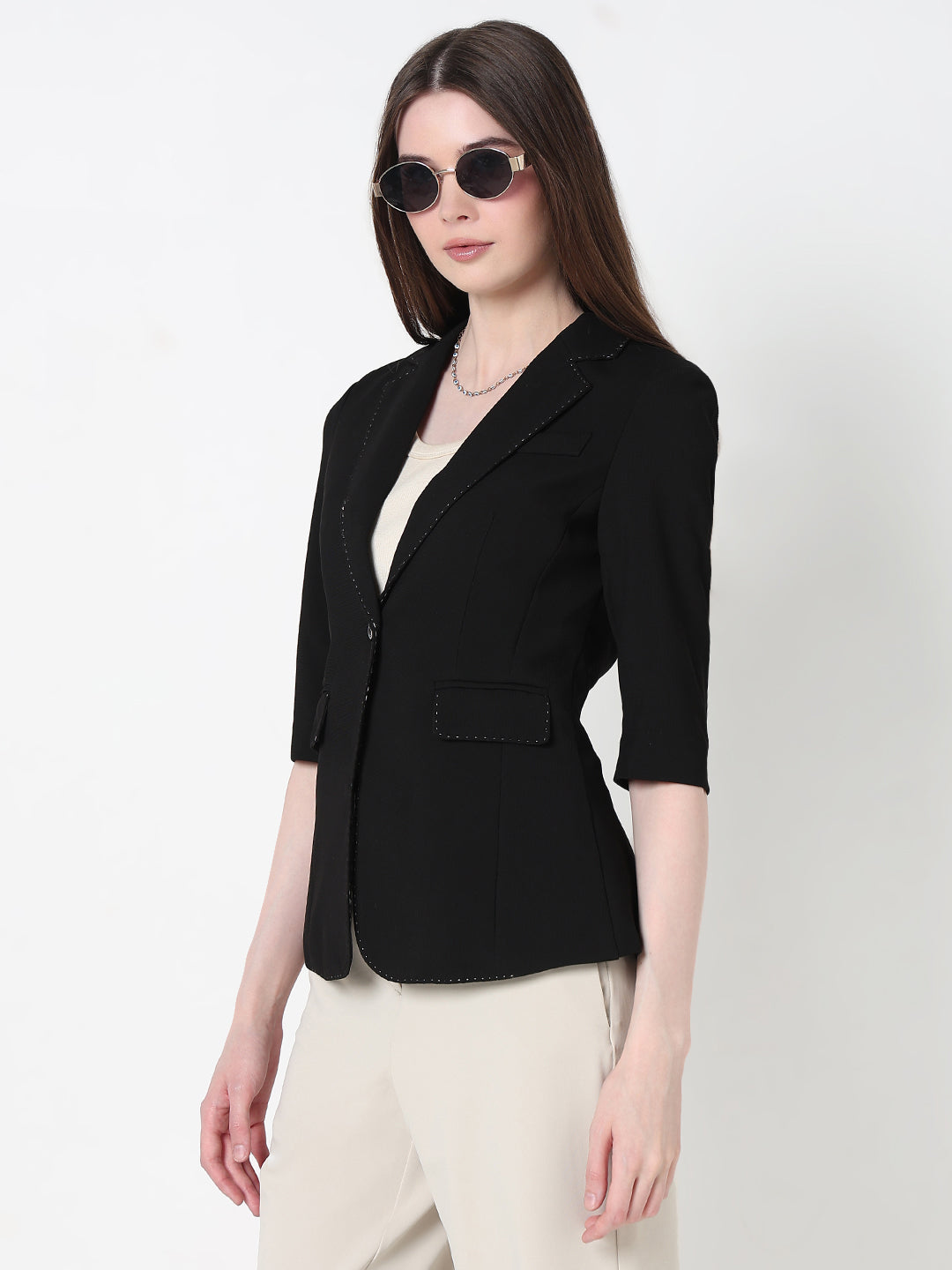 Women's Black Single Breasted Blazer with stitch detail