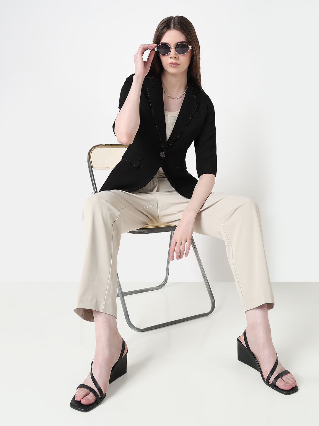 Women's Black Single Breasted Blazer with stitch detail