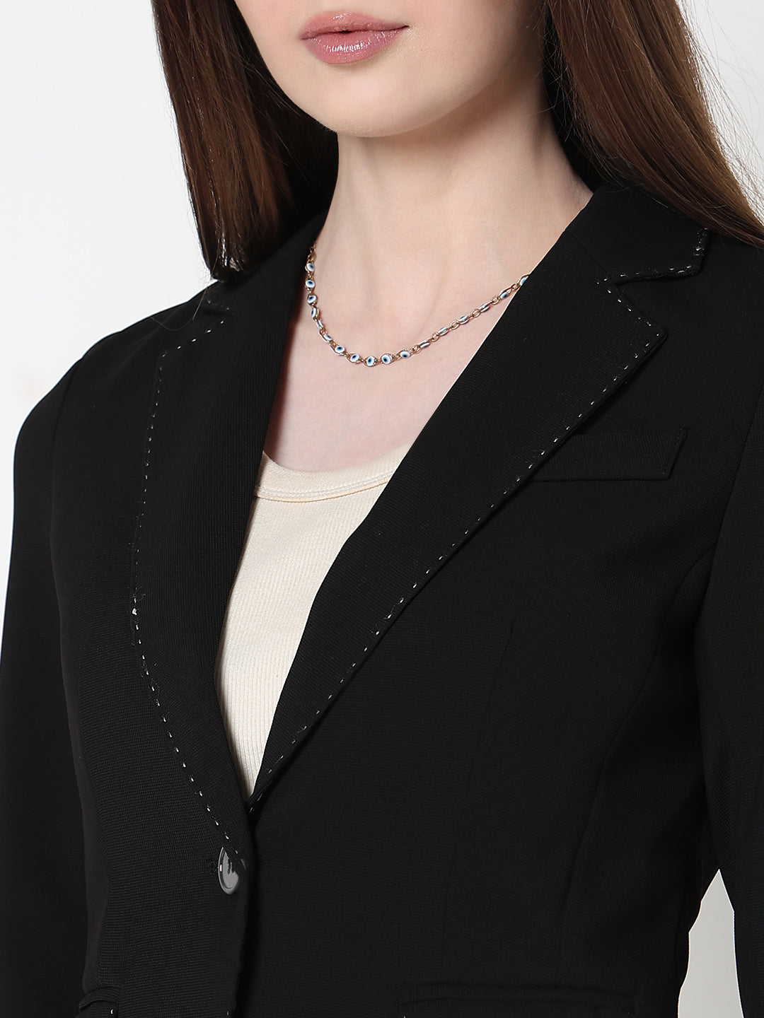 Women's Black Single Breasted Blazer with stitch detail