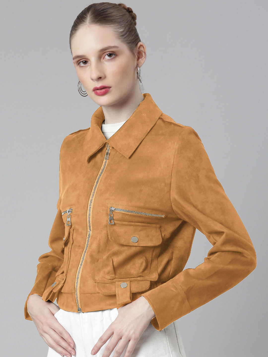 Women Spread Collar Rust Solid Tailored Jacket