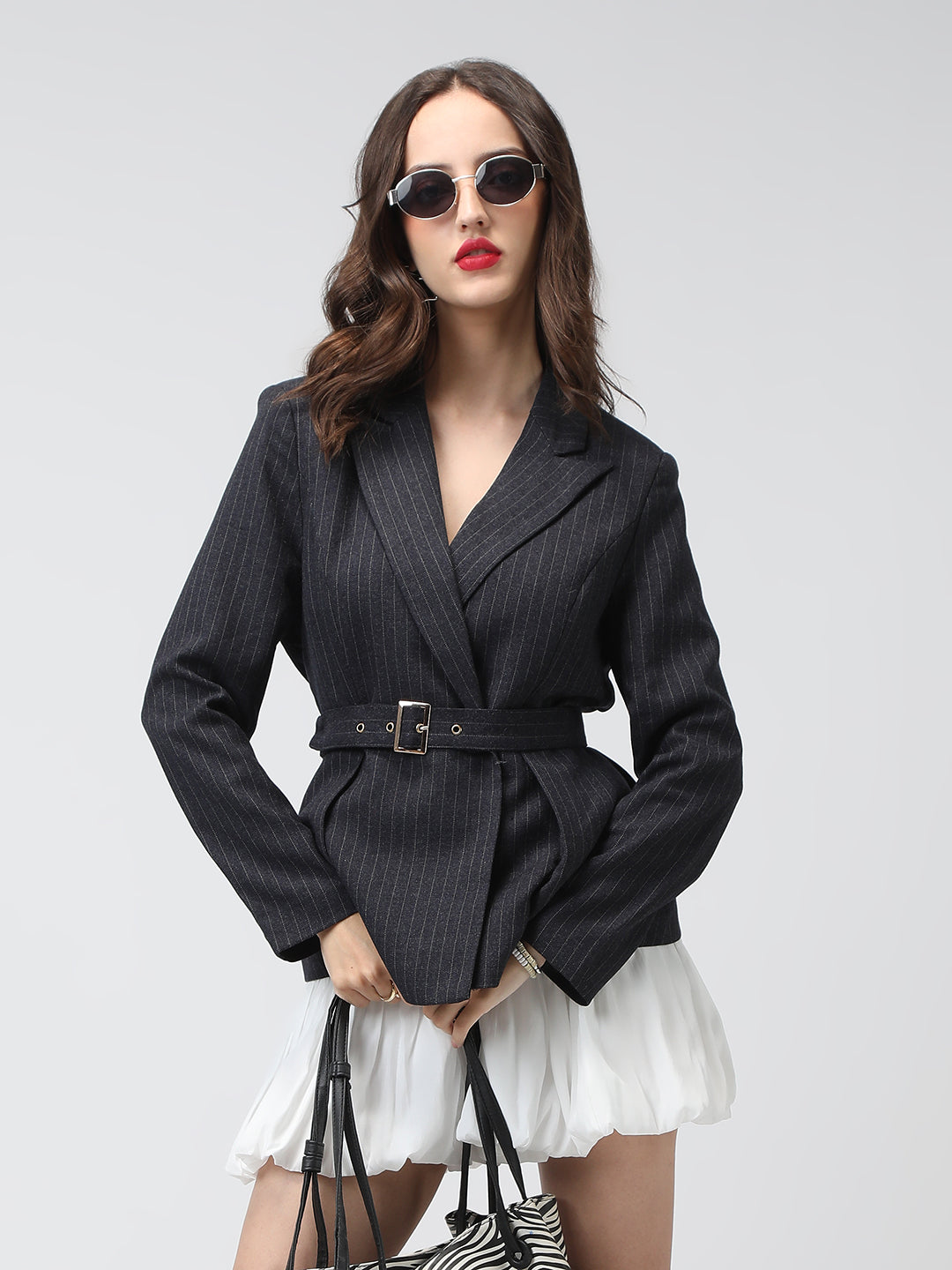 Women's Charcoal Pinstripe Long Sleeves Blazer with Waist Belt