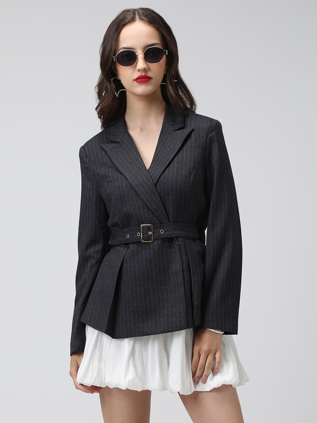 Women's Charcoal Pinstripe Long Sleeves Blazer with Waist Belt