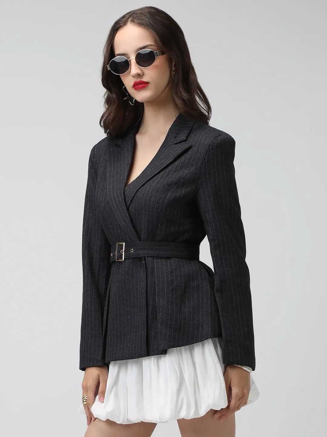 Women's Charcoal Pinstripe Long Sleeves Blazer with Waist Belt - from SHOWOFFFF