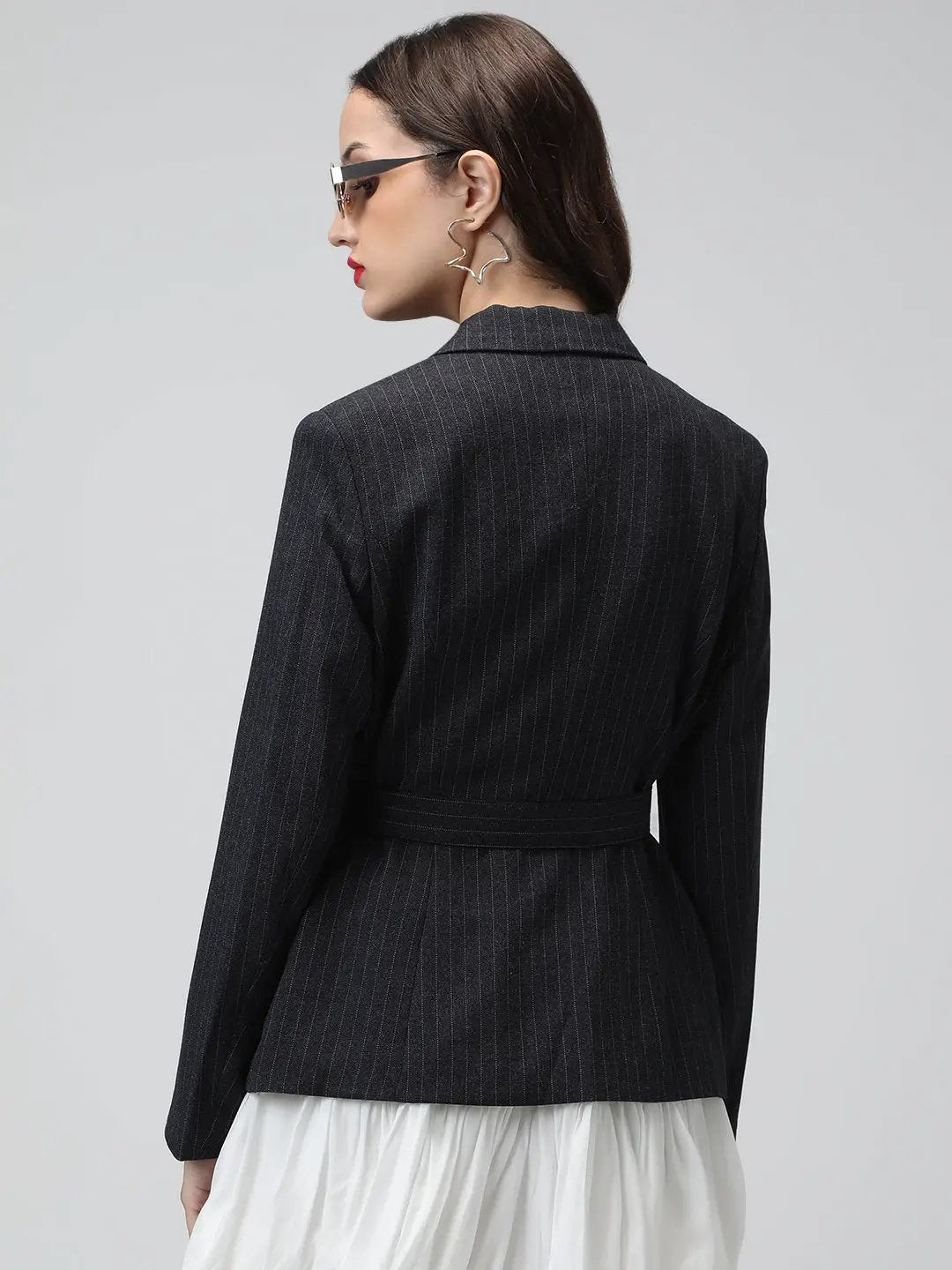 Women's Charcoal Pinstripe Long Sleeves Blazer with Waist Belt - from SHOWOFFFF