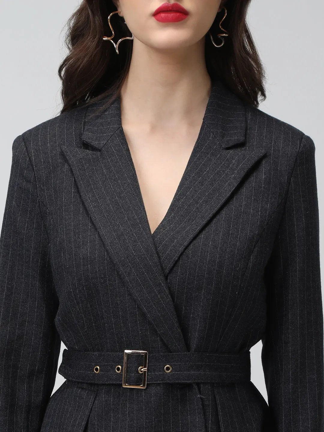 Women's Charcoal Pinstripe Long Sleeves Blazer with Waist Belt - from SHOWOFFFF
