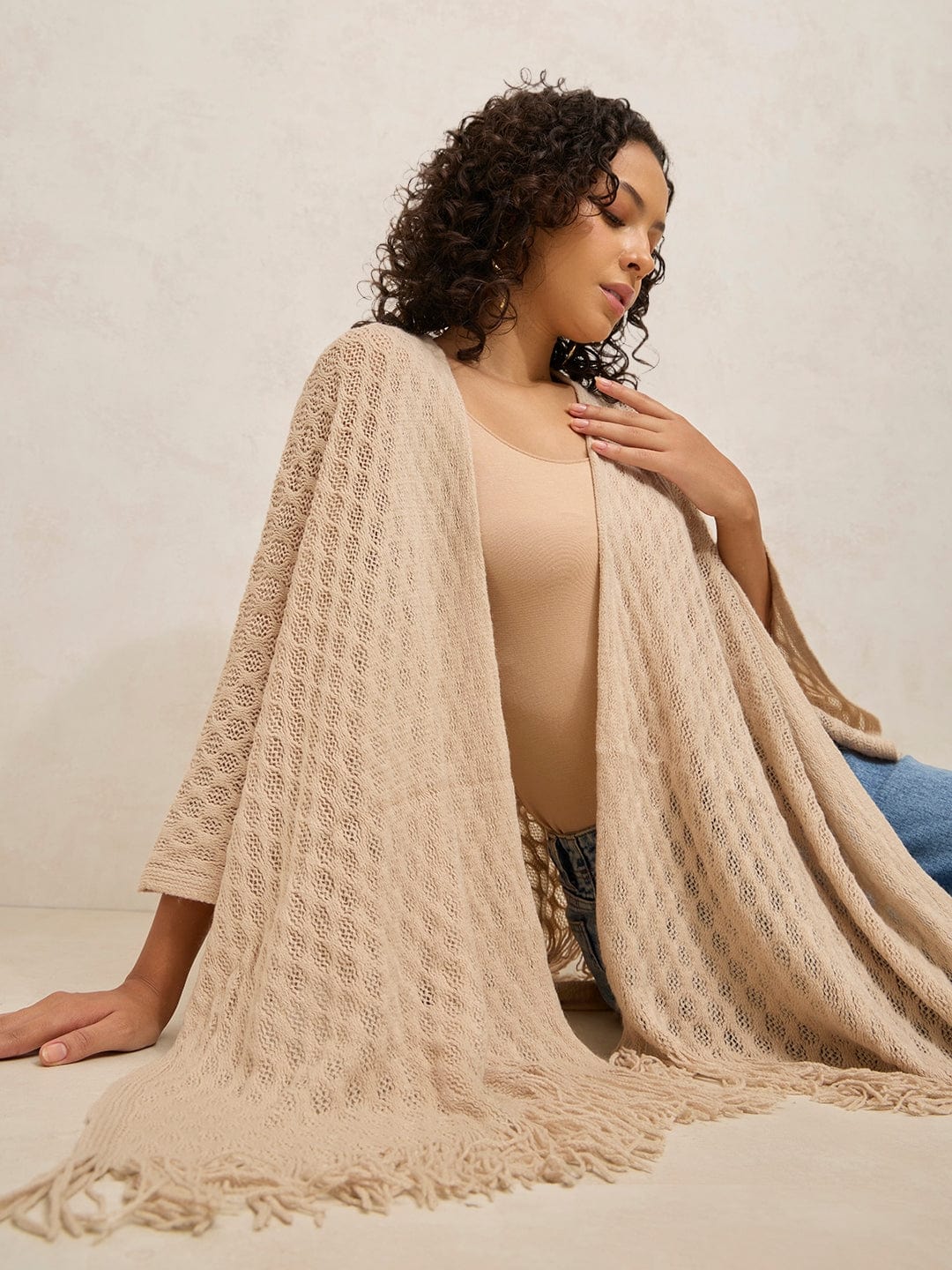 Women's Beige Crochet Fringe Hem Shrug Top