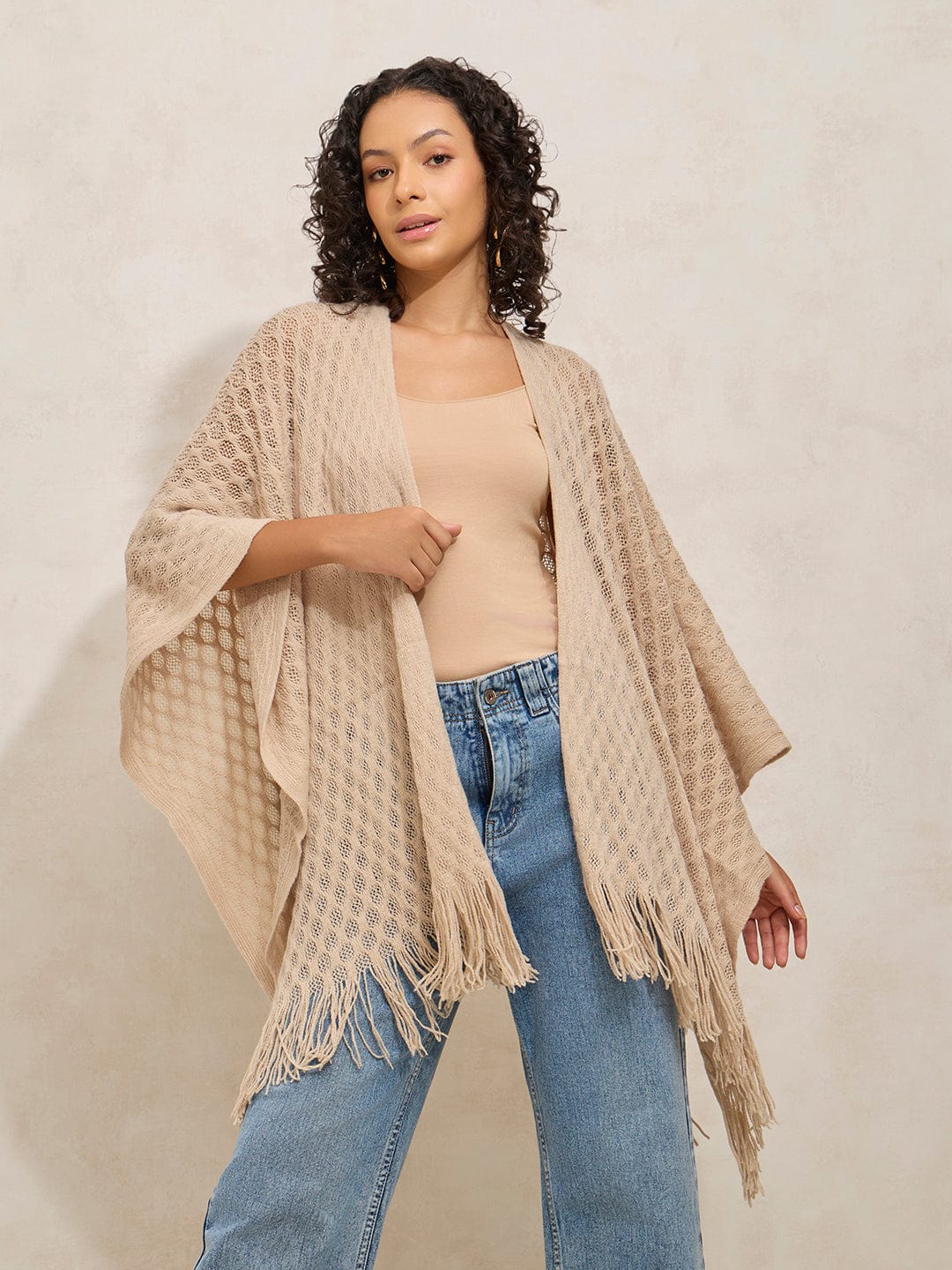 Women's Beige Crochet Fringe Hem Shrug Top