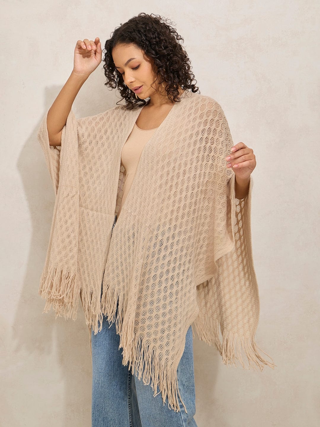 Women's Beige Crochet Fringe Hem Shrug Top