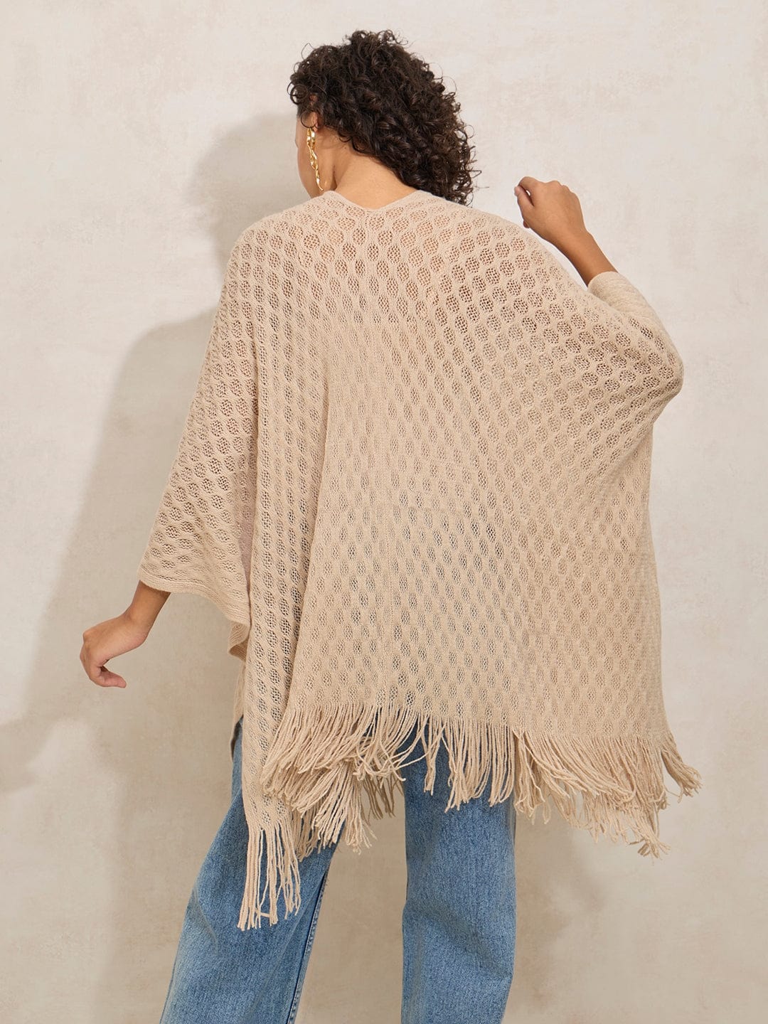 Women's Beige Crochet Fringe Hem Shrug Top