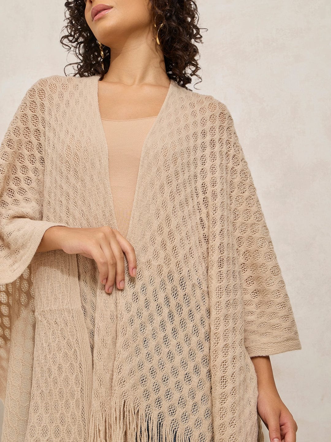 Women's Beige Crochet Fringe Hem Shrug Top