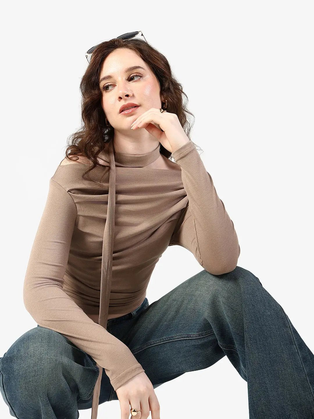 Women's Pleated Beige Off Shoulder Top with Tie Neck