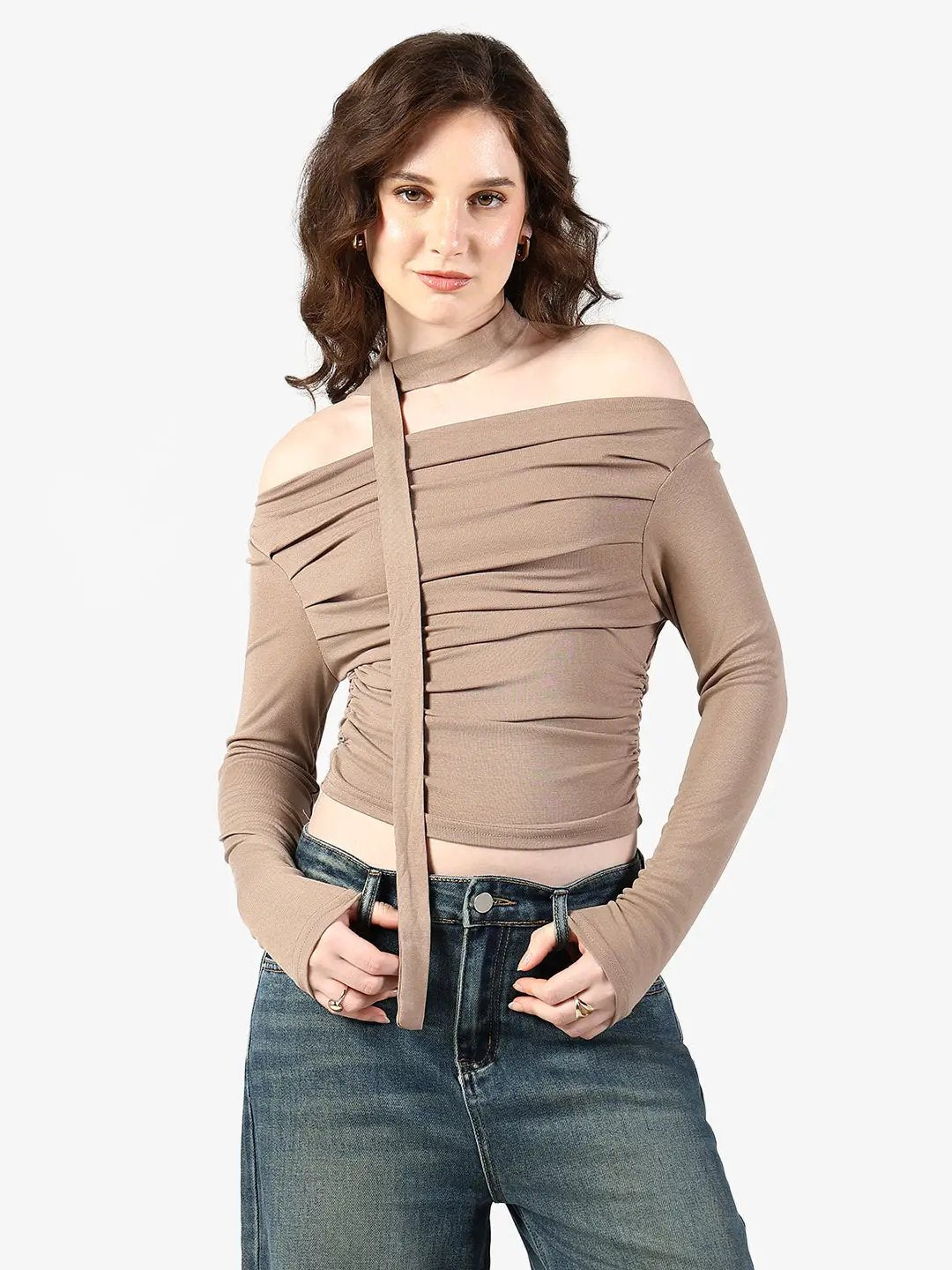 Women's Pleated Beige Off Shoulder Top with Tie Neck