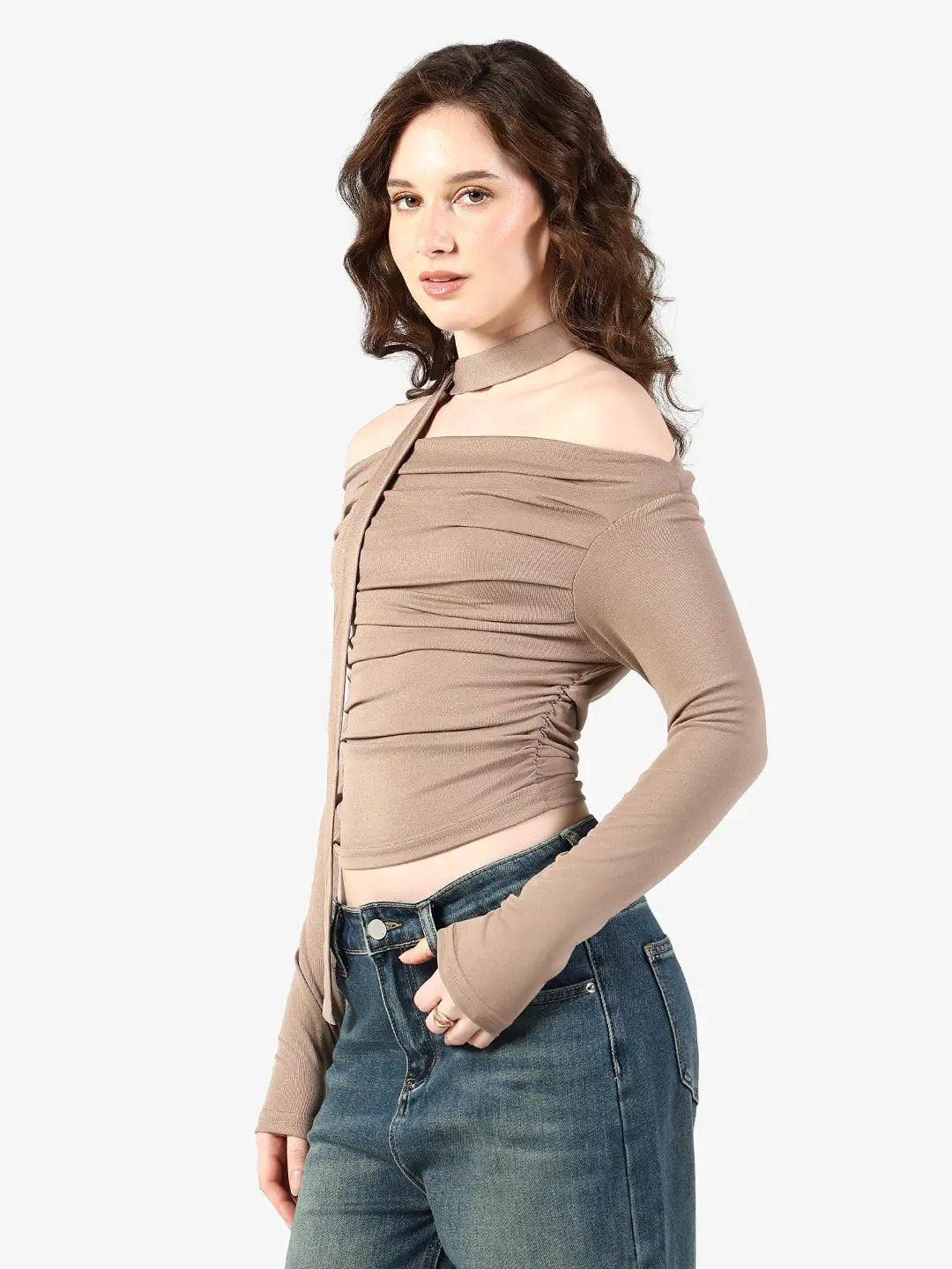 Women's Pleated Beige Off Shoulder Top with Tie Neck