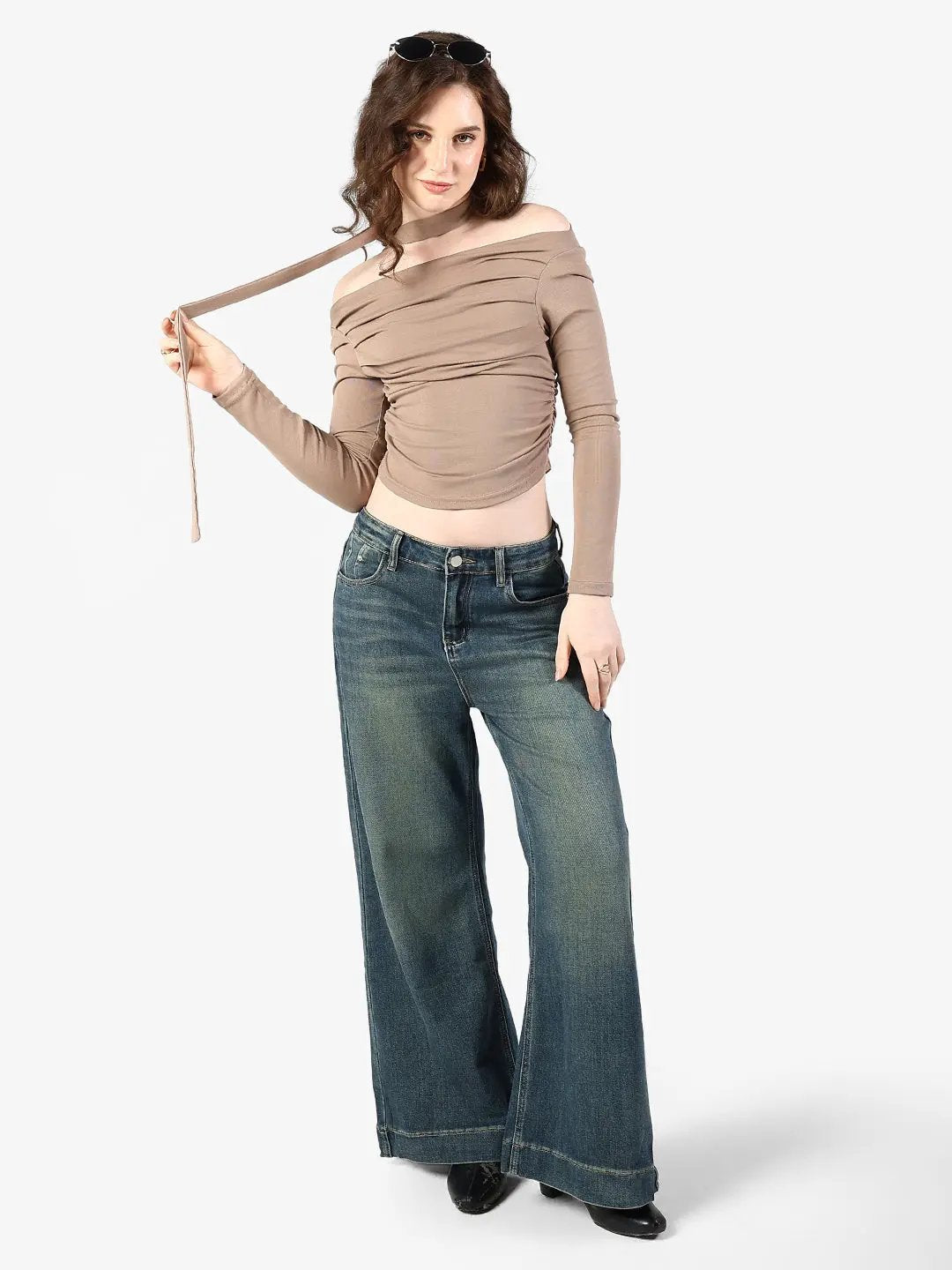Women's Pleated Beige Off Shoulder Top with Tie Neck