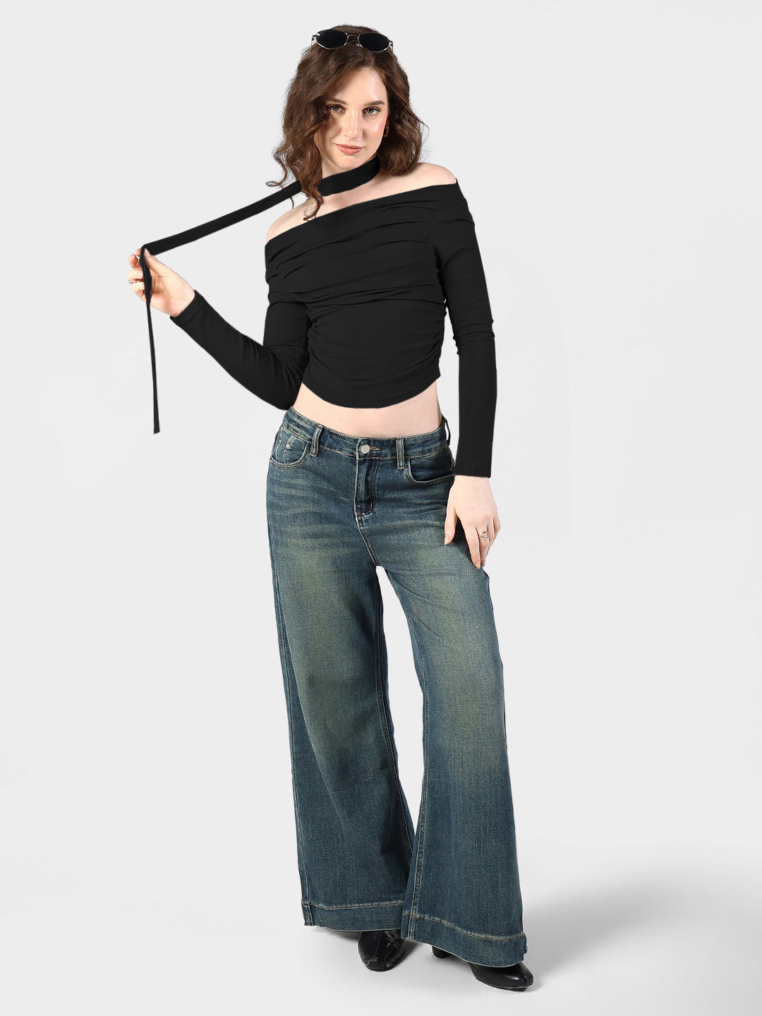 Women's Black Off-Shoulder Ruched Top with Neck Tie