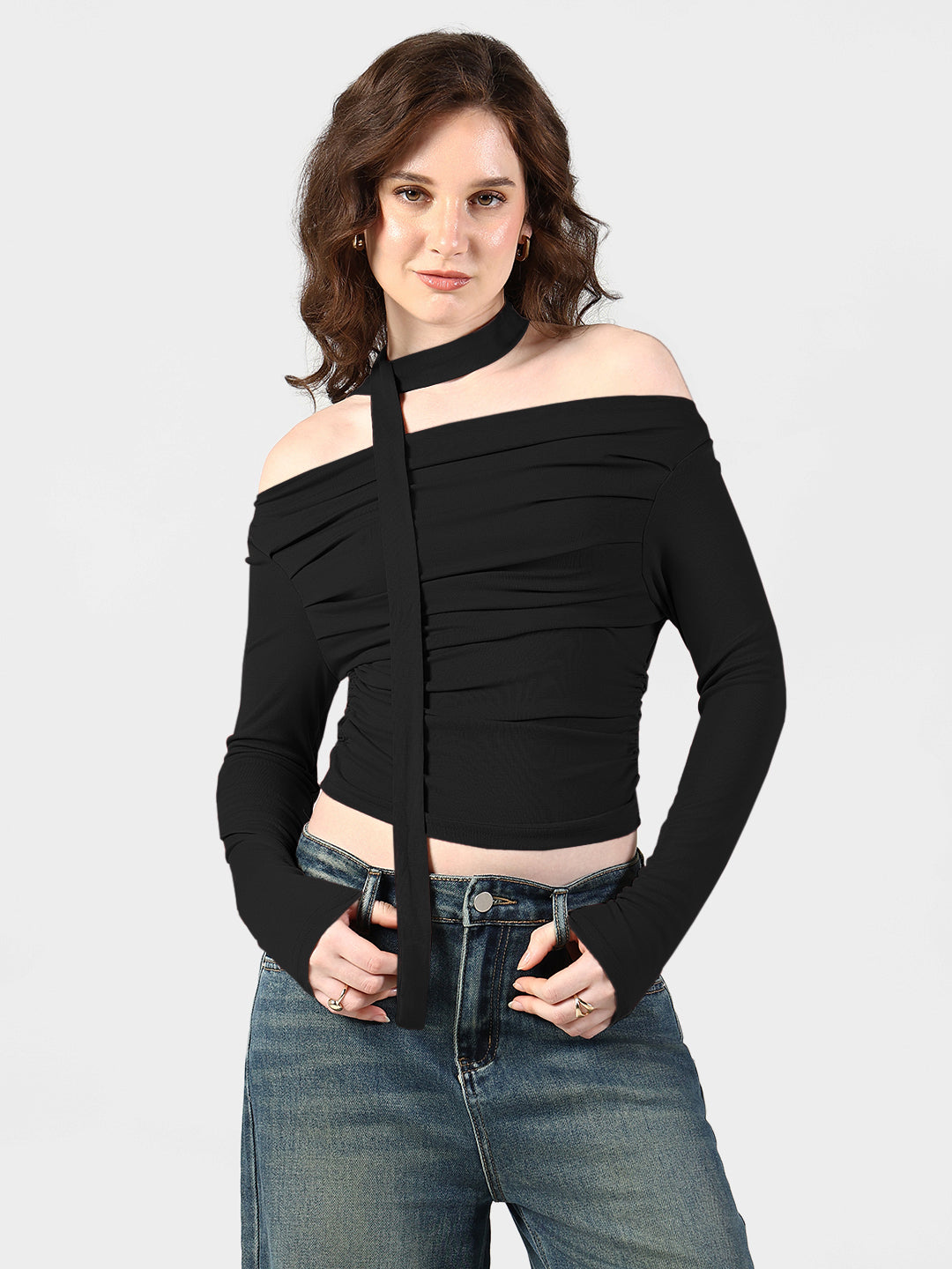 Women's Black Off-Shoulder Ruched Top with Neck Tie