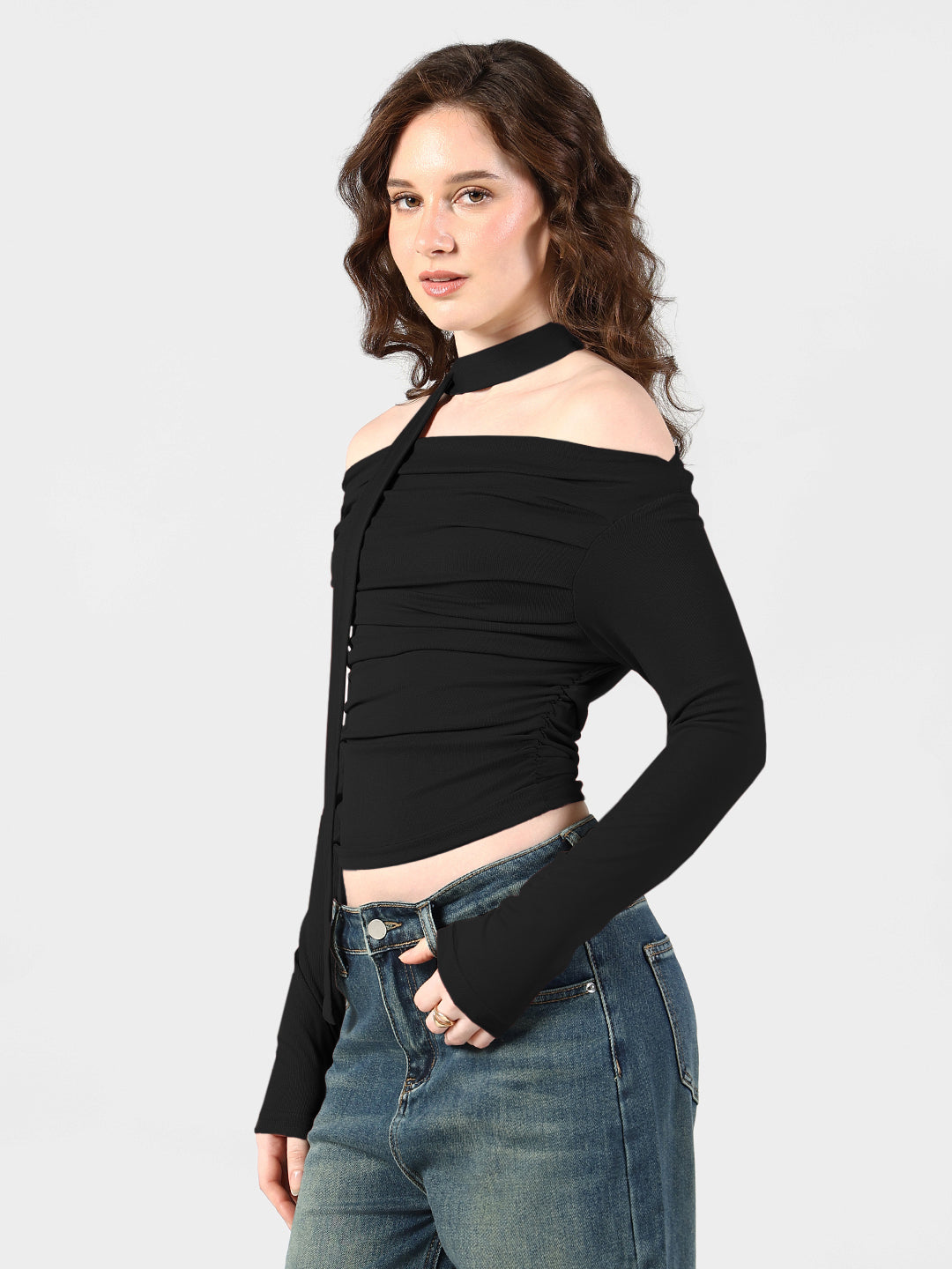 Women's Black Off-Shoulder Ruched Top with Neck Tie