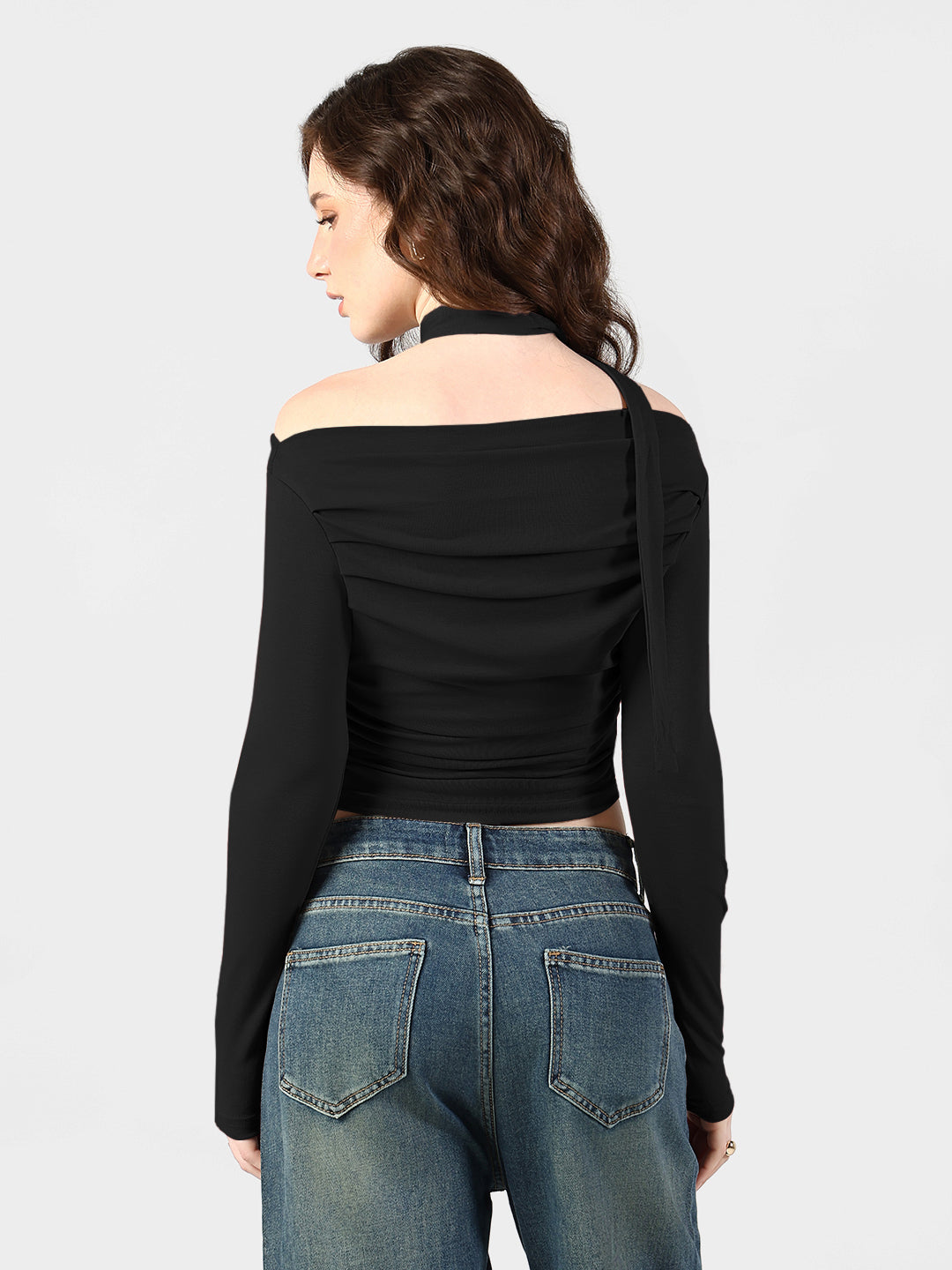 Women's Black Off-Shoulder Ruched Top with Neck Tie