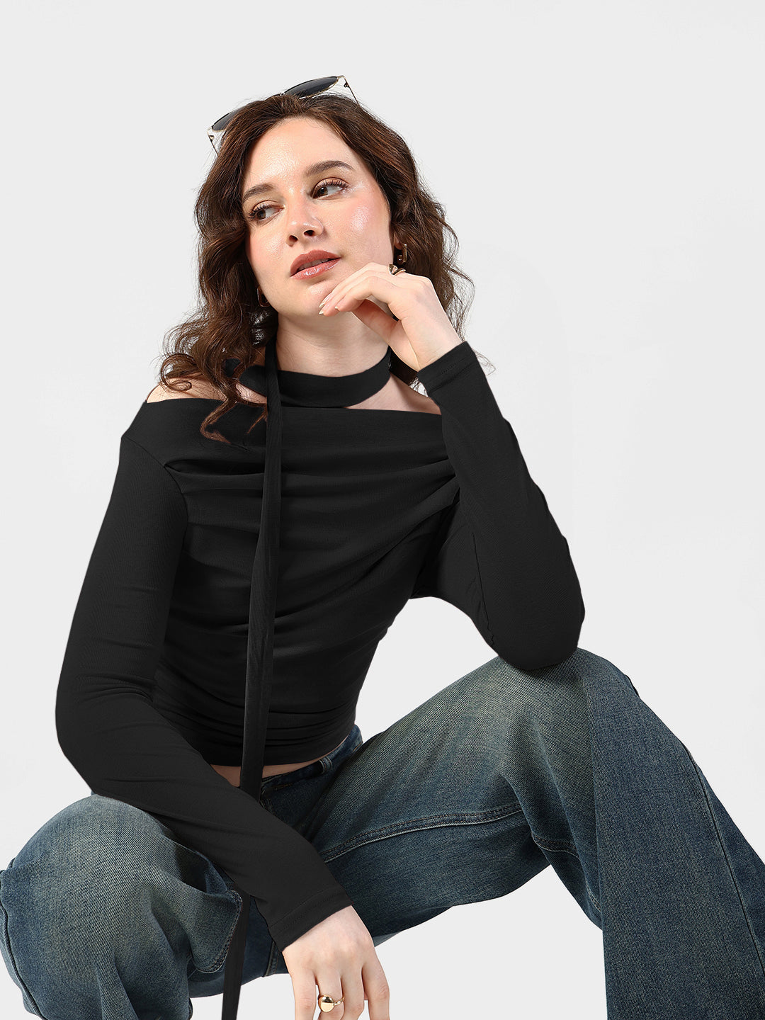 Women's Black Off-Shoulder Ruched Top with Neck Tie