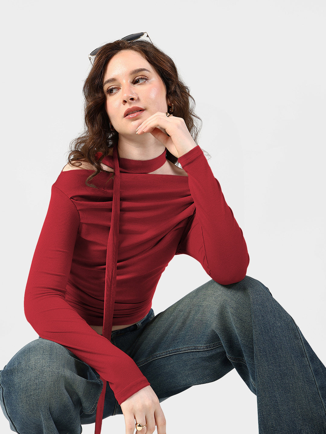 Women's Red Off-Shoulder Ruched Top with Neck Tie