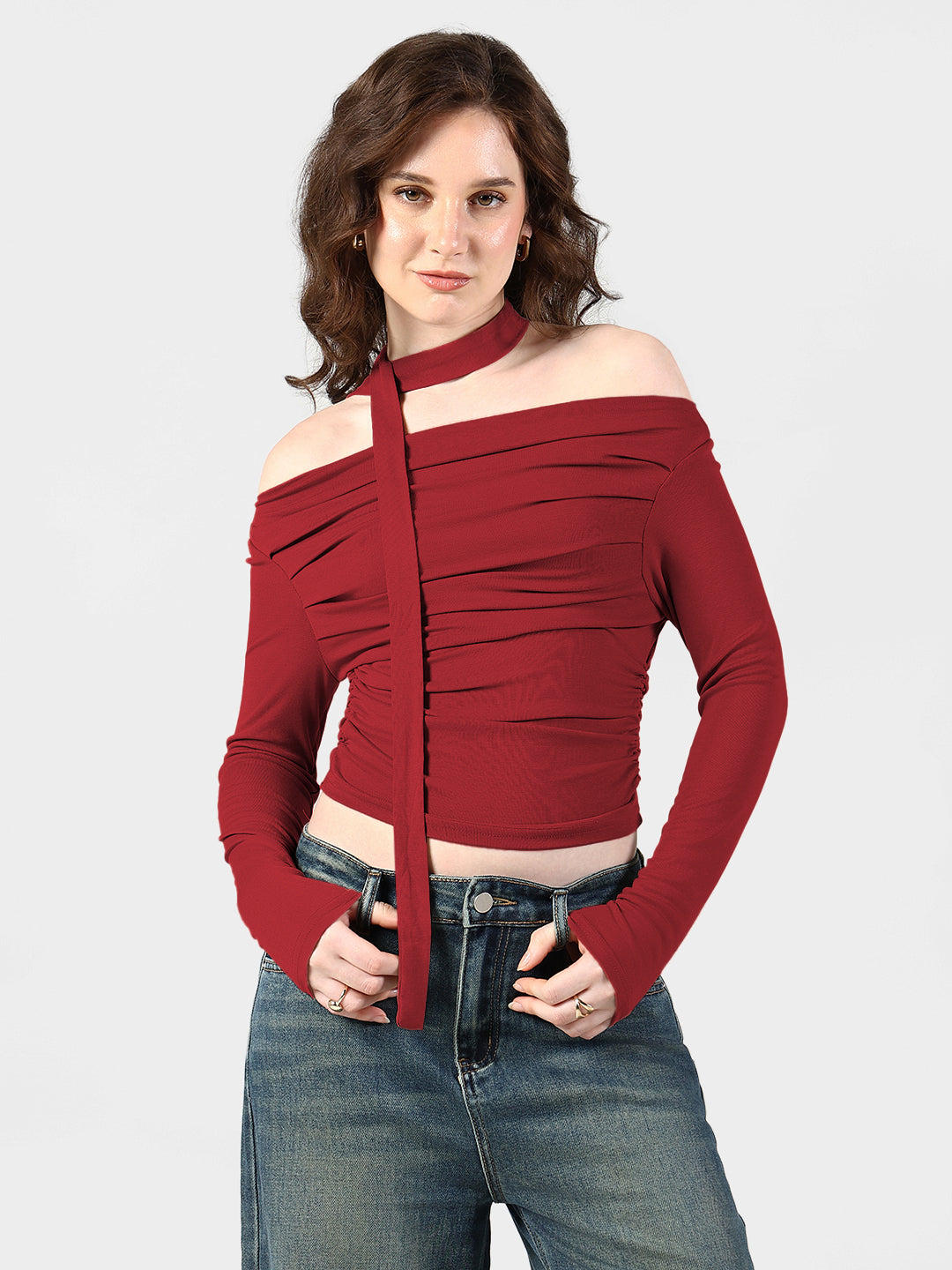 Women's Red Off-Shoulder Ruched Top with Neck Tie