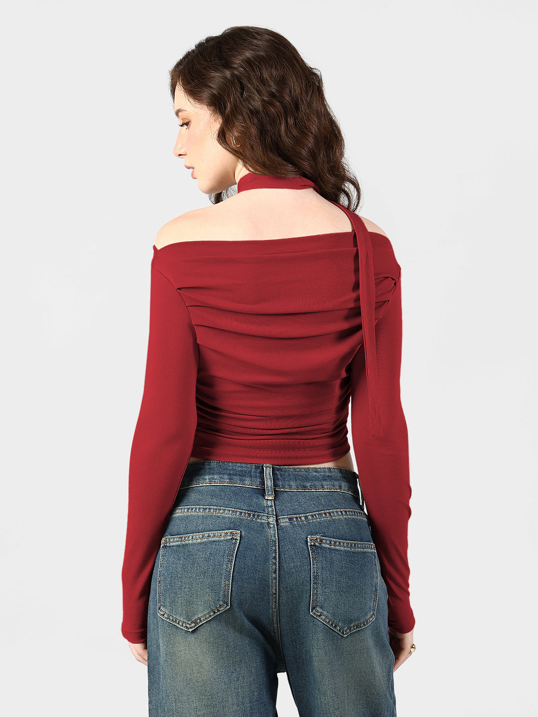 Women's Red Off-Shoulder Ruched Top with Neck Tie