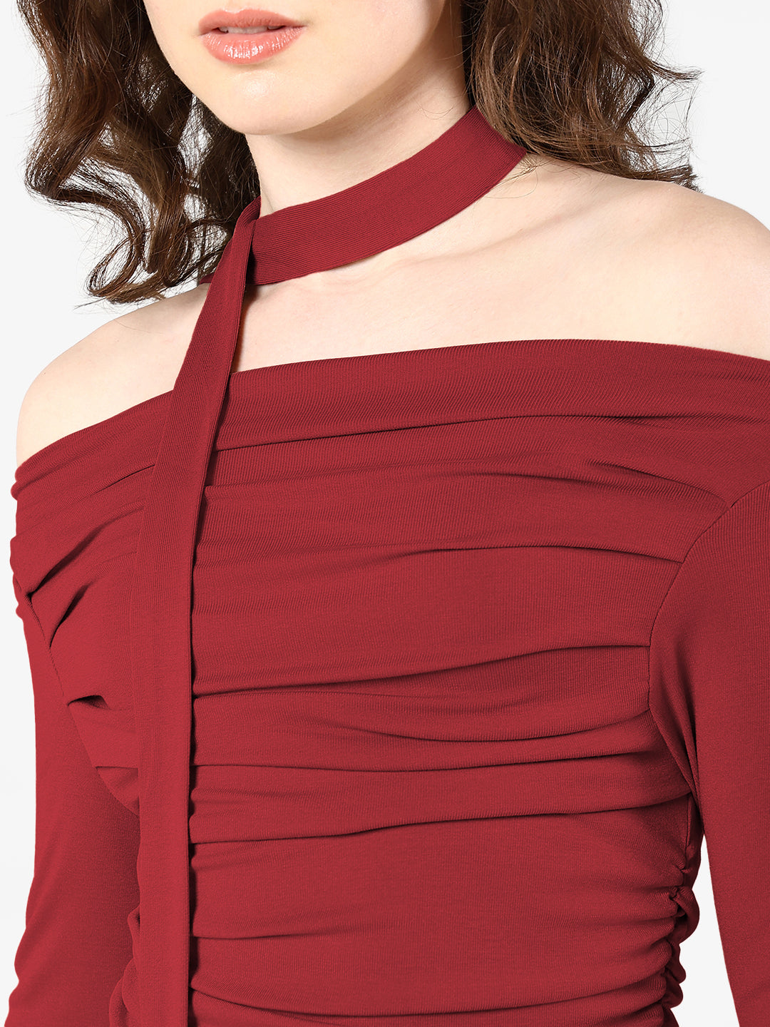 Women's Red Off-Shoulder Ruched Top with Neck Tie